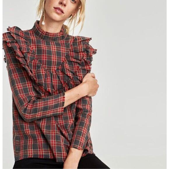 Zara size small plaid flannel ruffled shirt blouse - Picture 1 of 5